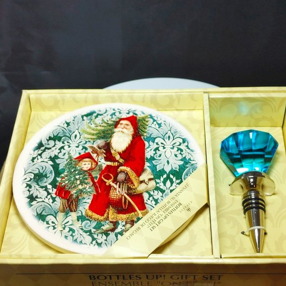 Cypress Home Boxed Set Christmas Wine Coaster Trivet & Blue Bottle Stopper - Picture 1 of 5